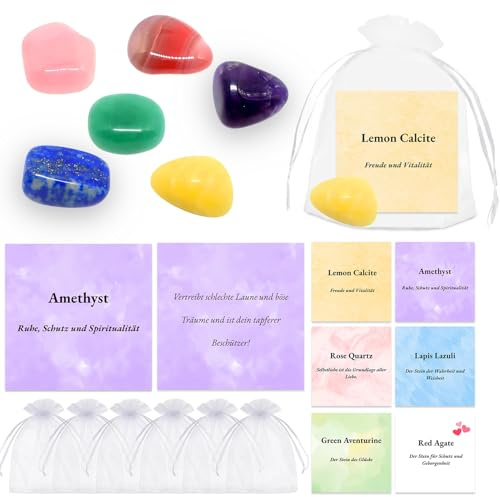 ElevaPulse Glückssteine Set für Kinder, 6 Edelsteine für Kinder mit Ermutigungskarten in Organzasäckchen, Mutstein und Glücksbringer für Kindergeburtstag, Geschenk zur Einschulung oder als Mitgebsel
