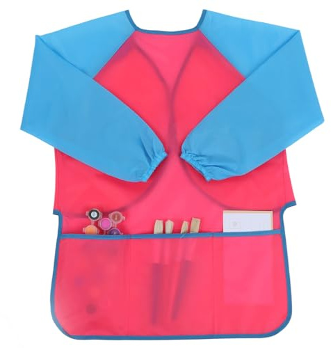Waterproof Kids Painting Apron with Long Sleeves and 3 Pockets - Toddler Art Smocks for Painting Artists, Age 2-8 Years (Rose Red, Blue)