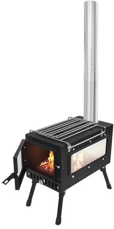 Camping Tent Stove, Portable Hot Tent Wood Stove with Windproof Chimney, Camping Log Burner, for Outdoor Camping Cooking and Heating 5 People Use, Black