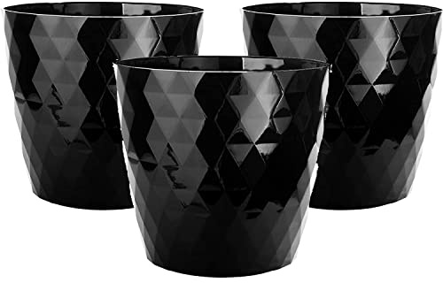 LIVINJA Blumentopf 3er Set Modern Diamant-Muster, Schwarz Glänzend, 14 cm Ø Oben, Stabiler Kunststoff, Fensterbank Übertopf, Tapered Zylindrisch, Made in EU
