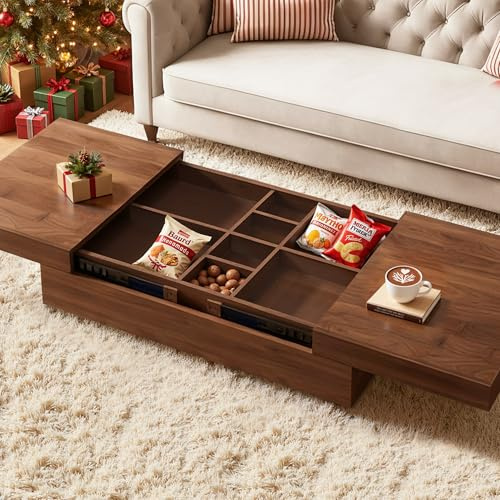 LineCrispton Extendable Coffee Table with Storage - Tea Table in Walnut | Mid Century Modern, Low-Profile Design, 2 Drawers, Living Room, Assembly Tools