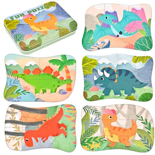 Wooderma Kinderpuzzle aus Holz, Dinosaurier & Tierpuzzle, Montessori-Holzpuzzle für Jungen & Mädchen ab 3 4 5 Jahren – Perfektes Lernspielzeug & Geschenk, Kinderspielzeug (5er-Pack)