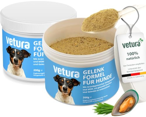 Vetura Gelenk-Formel für Hunde 2 x 200 g – Gelenkpulver ohne Füllstoffe | Mit Grünlippmuschel, Glucosamin, Chondroitin, MSM, Algenkalk, Hagebutte, OPC, für Gelenke & Knorpel, Made in Germany, GMP+