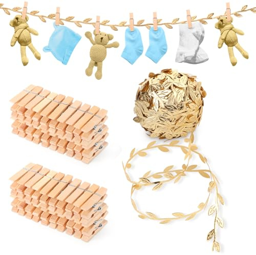 Leinuosen 51 Pcs 1.35 Inch Mini Clothespins with Leaf Ribbon for Photo, Artificial Vines Leaves Line and Wood Picture Clips Craft for Wild Jungle Baby Shower Birthday Party Decor (33 ft,Gold)
