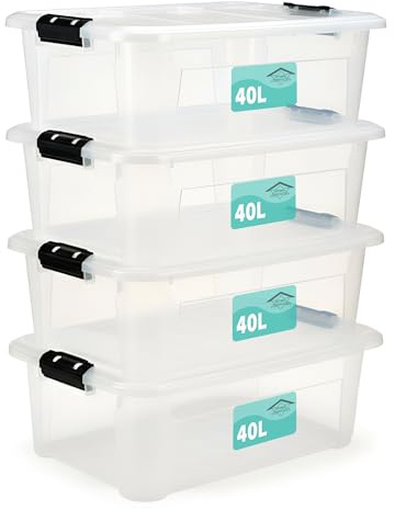 Pack Of 4 Plastic Storage Box Clear,Stackable Heavy Duty Multi-Purpose Stacking Strong Container,Boxes Lid Black Clip Lock Handles,Ideal For Home Office School Arts & Crafts (40 Litre)