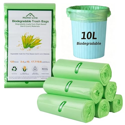 HOMELINE Bin Bags 10l, Corn Starch Based Food Waste Bags, Kitchen Bin Liners for Bathroom Living Room Kitchen Office, 45 x 50cm, 6 Rolls, 20 Bags Per Roll (Green)