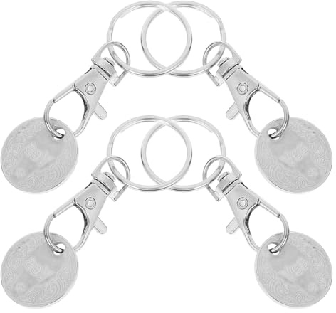 HEALSOPTHY 4pcs Stainless Steel Trolley Token Keyrings Key Chain Decoration Portable Shopping Cart Remover Keyring Set for Grocery Store Use