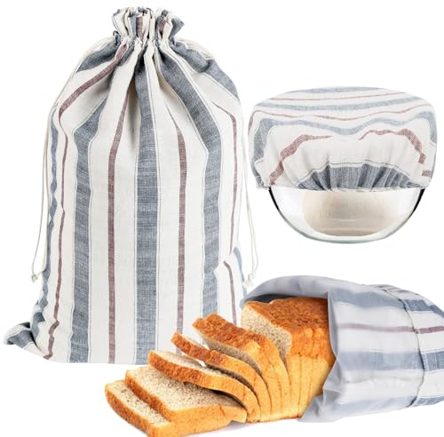 JYUHA 1 Pack Linen Bread Bags for Homemade Bread with Bowl Cover | 40x30cm Fresh Bread Storage Bags with TPU Lined, Reusable Bread Storage Bags with Drawstring for Sourdough Bread and Rolls