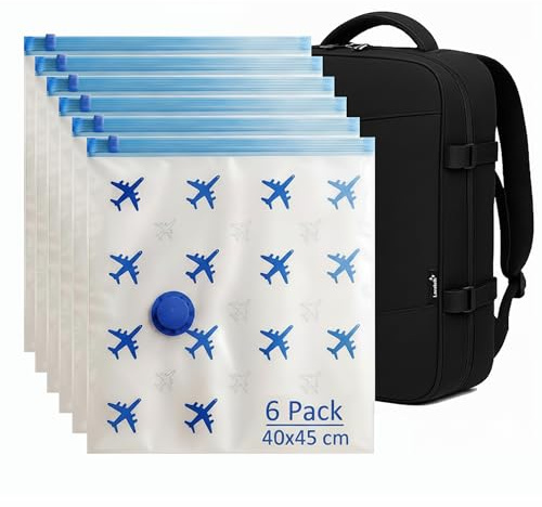 Lavatelli Set med 6 vakuumpåsar för resor, 40 x 45 cm, för Ryanair ryggsäck 40 x 30 x 20 och handbagage, platsbesparande kuvert, universalventil, resetillbehör med låg kostnad