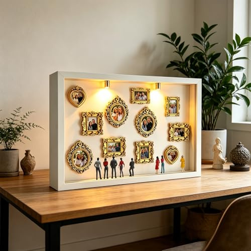 DIY Mini Museum Silhouette Box, Shadow Box Frame Kit with 11 Gold Mini Frames & 8 Figurines, Mini Cornice Museo Personalizzata con luce a LED per anniversario, matrimonio, decorazione della casa