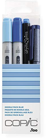 COPIC Ciao Set Doodle Pack Blue, 4er Set mit 2 Twin Marker mit einer mittelbreiten und einer Brush-Spitze inkl. Multiliner und Glitter Pen
