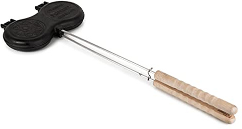 Petromax Burgereisen - Gusseisen Burgerpresse mit Holzgriffen, 12 cm | Doppel-Grillform mit Rillenmuster, Verschluss & trennbaren Hälften - ideal für saftige Burger-Patties am Lagerfeuer