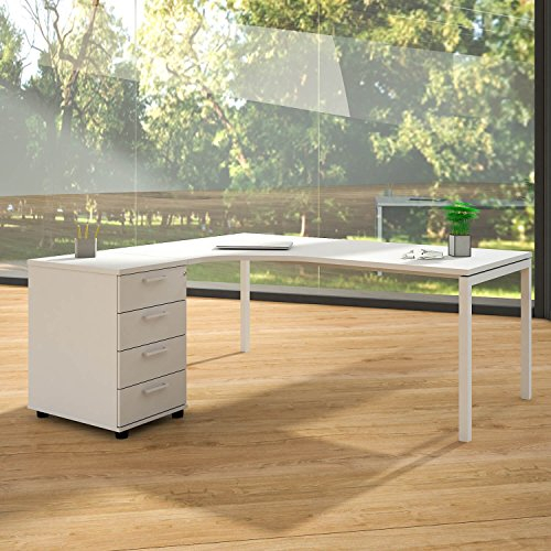 Weber Büro Winkelschreibtisch mit Standcontainer NOVA XL 180x163cm Weiß Eck-Schreibtisch, Gestellfarbe:Weiß