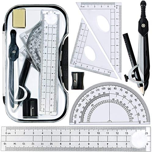 Maths Set, Geometry Compasses Set 8pcs School Protractor Rulers Set Squares for Maths Learning Home Schooling in Carry Case