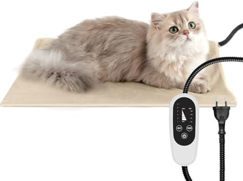 NICREW Tapis Chauffant Chien Chat M 45 x40cm avec Minuterie Auto Off, Coussin Chauffant Electrique pour Animaux Temperature Reglable avec Cordon Anti Morsure, Khaki, 55 W Max