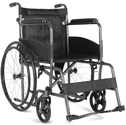 Aidapt Folding Lightweight Self Propelled Steel Wheelchair with Brakes, Extra Wide Seat (20) Lap Strap, Removable Foot Rests and Side Panels for Privacy. Indoor and Outside Use