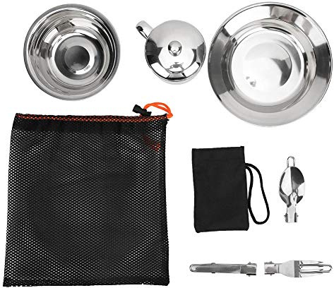 Camping Besteck Set Edelstahl Geschirr Mess Kit Enthält Teller Cup Gabel Löffel Messer 8 in 1 Besteck Kit mit Mesh Bag Utensilien Set für Outdoor Camping Wandern und Picknick