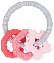 Bumkins Baby Teething Freezer Toy Keys Rings, Soft Flexible Pacifier to Chew, Cool Teether Gum Relief, Babies 3 Months, Freezable Platinum Silicone, Sensory Bracelet with Charms, Pink and Gray