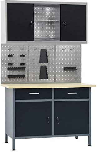 Tidyard Werkbank Werkstatt-Set Mit 1 Werkbank,3 Werkzeugwände und 1 Wandschrank,Werkstattschrank Arbeitstisch Arbeitsstation 120 x 60 x 85 cm,Maximale Belastbarkeit: 500 kg,3 Lochwand-Paneele
