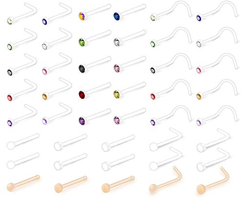 Rajnard 20G Klare Nasenringe Nasenstecker für die Arbeit Kunststoff Nasenpiercing L-förmige Nasenschraube Diamant CZ Flexible Nasenloch-Piercing-Halter für Frauen Männer Hautfarbset