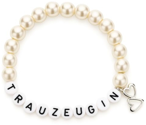 ONDEGO® Trauzeugin Armband – 8 mm Glaswachsperlen in Ivory mit Doppelherz Anhänger – Geschenk für Trauzeugin, Hochzeit, Brautjungfer, Freundschaft – inkl. Geschenksäckchen