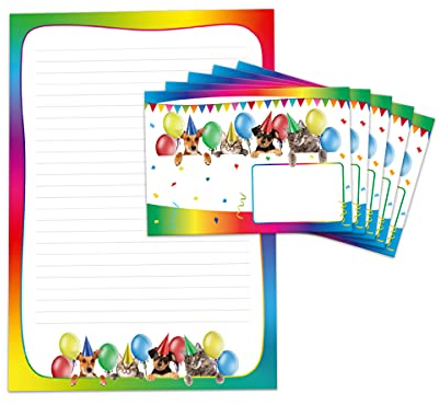 Briefpapier-Set Hunde und Katzen für Kinder Mädchen Briefblock liniert mit Umschlägen Umschlag (Block A4 mit 25 Blätter + 15 Umschläge)