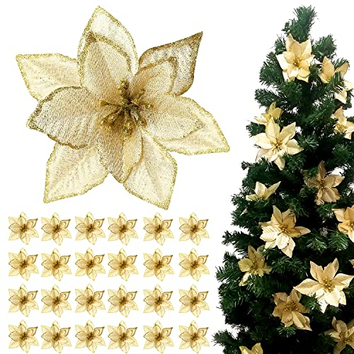 24 Pezzi Fiori di Natale Poinsettia Glitter, Artificiali Stella di Natale Glitterata Decorazioni Matrimonio Albero di Natale Ornamenti (Oro)
