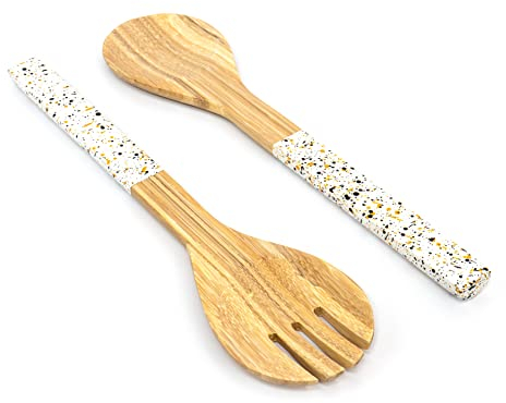 Jungle Culture® Large Bamboo Salad Servers • Natural Wood Tongs with White Terrazzo Style Handles • Fruit & Wooden Salad Bowl Tableware • Eco Friendly Serving Utensils • Spoon & Fork Cutlery Set