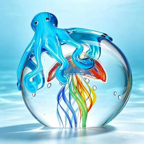 QFkris Bunte Oktopus und Quallen, Sammlerstück, handgefertigt, Glas, Briefbeschwerer, Ornament, Meerestier-Kunstwerk, Skulptur, Zuhause, Aquarium, Dekoration, Geschenk, Basteldekoration (13,5 cm)