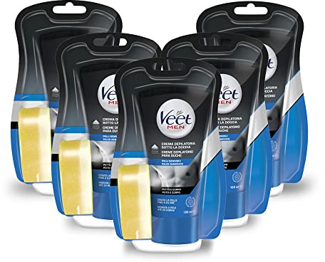 x5 Veet For Men, Crema Depilatoria sotto la doccia, per Uomo, Pelli Sensibili, Per Petto, Gambe e Braccia, 150ml, 5 Confezioni, Maxi formato