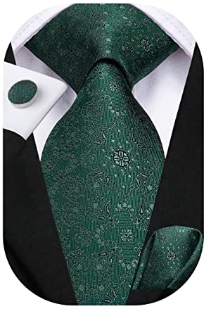 Hi-Tie Herren Krawatte Schwarz Paisley/Plaid/Streifen/Einfarbig Krawatten Set Einstecktuch Manschettenknöpfe Business Formal Hochzeit Meeting Geschenkbox,dunkelgrüne Blume