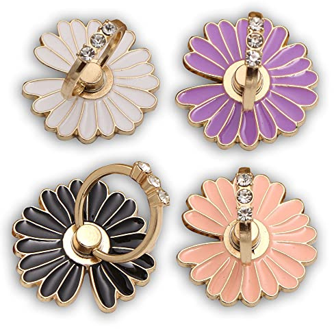 4Pack Metal Phone Finger Ring Holder, Cute Maple Daisy Colorful 360 Rotation Phone Stand Grip Mount Kickstand for Cellphones (Daisy Design)