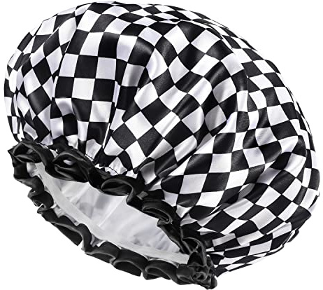 mikimini Große Duschhaube für Damen, Doppelschichtig, Wasserdicht, Wiederverwendbar, Waschbare Badehaube für dickes und lockiges Haar, mit schlichtem Schachbrettmuster