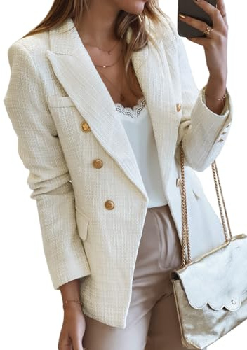 Happy Sailed Womens Fashion Work Suits 2026 Spring Long Sleeve Double Breasted Tweed Blazers Slim Fitted Lapel Open Front Business Office Blazer Jackets Professional Outfits White Medium
