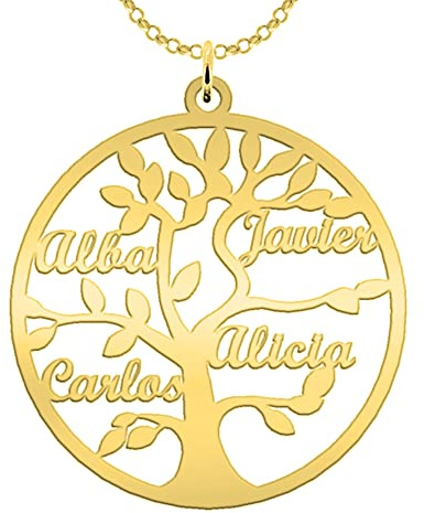 Collar Árbol de la Vida Personalizado Chapado en Oro 18K con Nombres Grabados - Hasta 9 Nombres - Regalo Emotivo para Madre o Abuela - Colgante Familiar Mujer - Mi Joya Personalizada (4 Nombres)