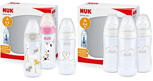 NUK First Choice+ Babyflasche im Set | 0–6 Monate | Temperature Control Anzeige | 300 ml | 3 Stück | rosa Giraffe & First Choice+ Babyflaschen Starter Set | 0–6 Monate | Herz (neutral) | 3 Stück