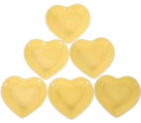 CALLARON Ceramic Dishes 6pcs Sauce Dish Heart Shaped Seasoning Dish Sushi Dipping Bowl Appetizer Plate Soy Sushi Wasabi Bowls Tea Bag Holder Yellow
