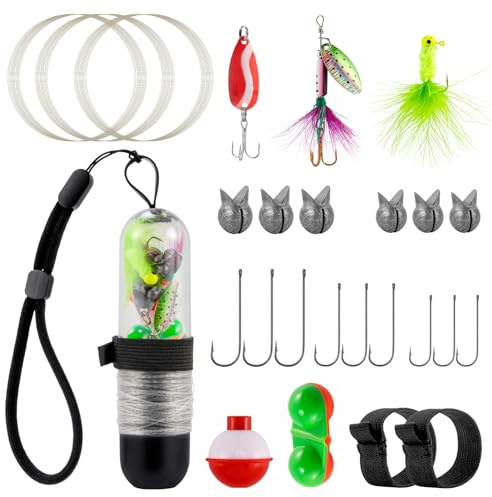 Dr.Fish 25 Stück Taschenrolle Survival Angelset Schnur Jigkopf Haken Löffel Spinner Köder Wandern Camping Angeln Werkzeug