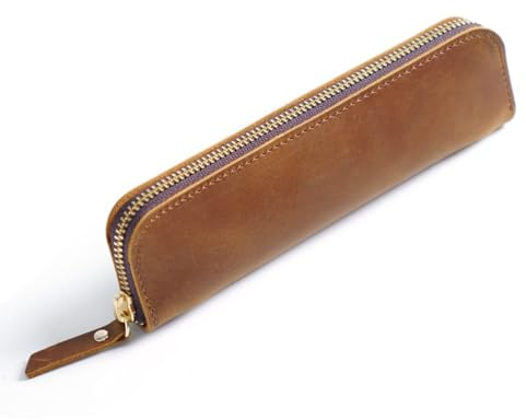 DONGKER Leder Federmappe, Vintage Federmäppchen, Stifte-Etui, Retro Stiftemäppchen mit 4 Stift-Schlaufen und Reißverschluss für Kugelschreiber, Füller, Pinsel etc.