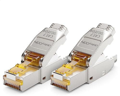 deleyCON CAT 7 Netzwerkstecker RJ45 10 Gbit/s 600MHz, 2 Stück | Werkzeuglos, geschirmt, für starre Verlegekabel, Rohkabel, Steckverbinder RJ45 Ethernet LAN DSL Patchkabel