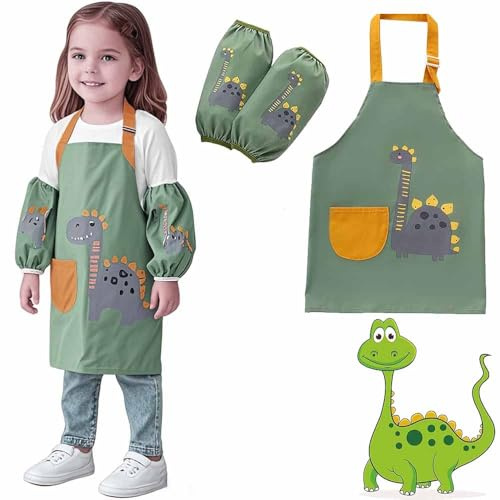 Norhogo Dinosaurier kinderschürze Set, Wasserdicht malschürze kinder mit ärmel and Tasche, schürze kinder für Basteln, Malen, Backen und Kochen, Geeignet für Kinder im Alter von 9-12 Jahren