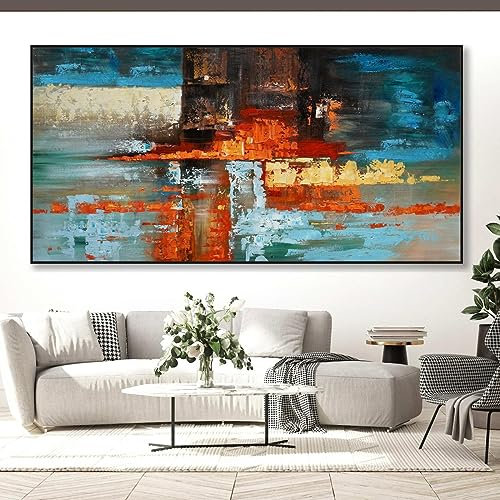 Bunte abstrakte moderne Leinwand-Wandkunst, große Wandkunst für Wohnzimmer, schwarzer Posterrahmen für horizontale oder vertikale Wandmontage, 100 x 200 cm/(39 x 79 Zoll) mit schwarzem Rahmen