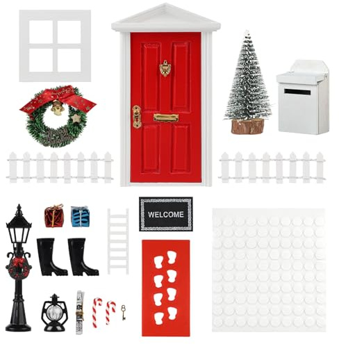 CPROSP 20tlg Wichteltür Zubehör Weihnachten Set, Elfentür Holz | Nissedor mit Miniatur Briefkästen, Zäun, Leiter, Stiefel, Kranz, Stiefel; für Kinder Geschenke; Feentür Set