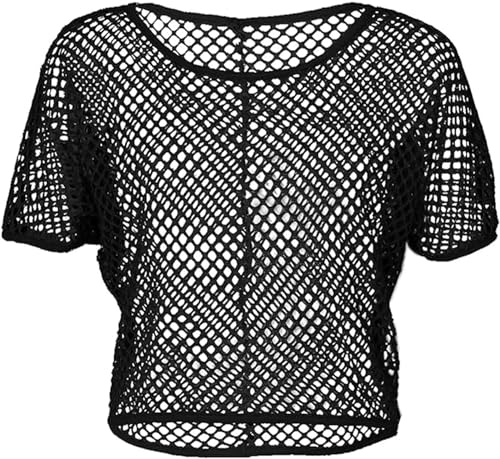 ELFIN Damen Netzshirt Netztop Netzhemd Crop Top 80er Jahre Outfits Karneval Fasching Motto Party Tops Netzoberteil Sommertops, Schwarz, L