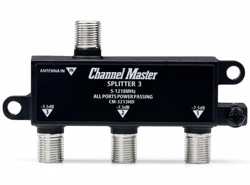 Channel Master Splitter 3 | 3-Way Splitter Distributes Digital HDTV Antenna Signal to 3 TVs, One Input and Three Outputs, Power Passing for Preamplifiers and Boosters, Low-Loss Design, Indoor/Outdoor