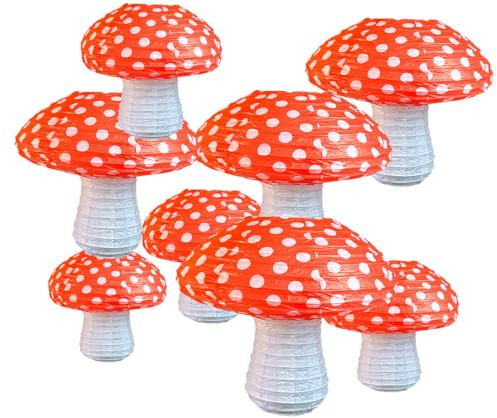 Ayearparty Papierlaternen in Pilzform, 3D-Form, zum Aufhängen, Dekoration für Wald, Dschungel, Wunderland, Motto-Party, Kinderzimmer, Garten, Hochzeit, Dekoration, 20,3 cm, 30,5 cm, 8 Stück