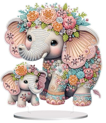 DIY Diamond Painting Tier Muttertag Tisch Deko, Malerei Tier Mutter Tischdeko, Diamant Malerei Stehend Kunst Set, kreative Ornamente Geschenke für Muttertag-04-Elefant