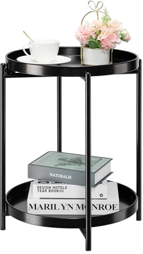 danpinera Tavolino rotondo a 2 ripiani, tavolino in metallo con vassoio rimovibile, piccolo tavolino pieghevole da complemento, comodino antiruggine nero per camera da letto, balcone, patio (nero)