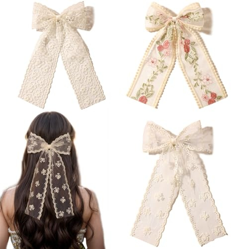 LFOUVRE Beige Lace Hair Bows with Embroidered Flowers - Bowknots, Barrettes, and Hair Clips with Long Tails for Women (3pcs)