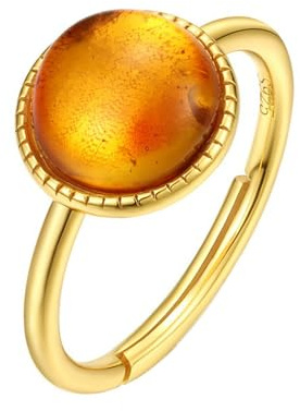 Bague Or -ANAZOZ Bague Ronde Argent Réglable, Plaqué Or 9 Carats, Incrusté de Ambre Naturel 9X9mm, Bijoux Femme Fantaisie
